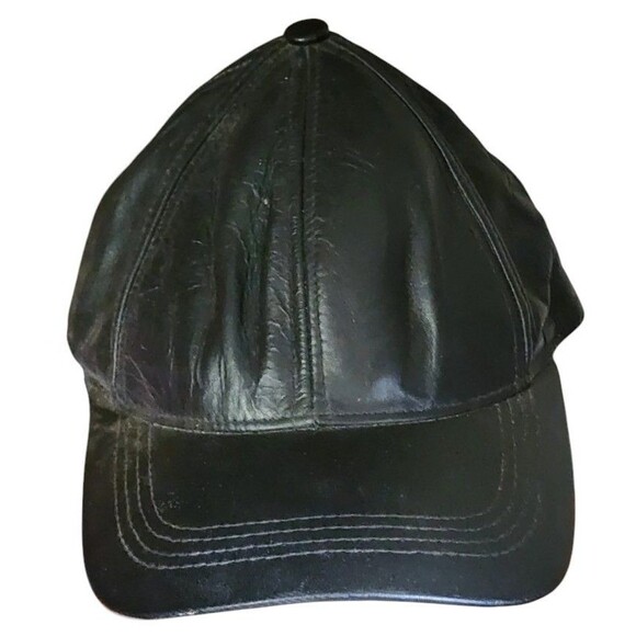 Vintage Black Leather Baseball Cap Hook & Loop Back - Picture 1 of 6